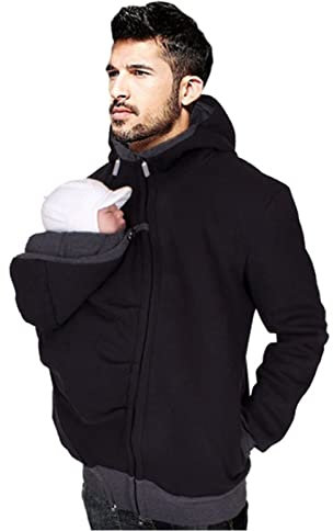Zwei-in-Eins multifunktionaler Daddy Hoodie Känguru Herren Fleece Pullover Herren Kapuzenjacke mit Babytrage Daddy Pullover Herren Känguru Hoodie für Babys geeignet(black,L)