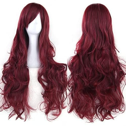 IMISSU 80cm langes lockiges Naturhaar Cosplay Perücke mit Pony Buntes Halloween Kostüm Party Perücken für Frauen (Burgund)