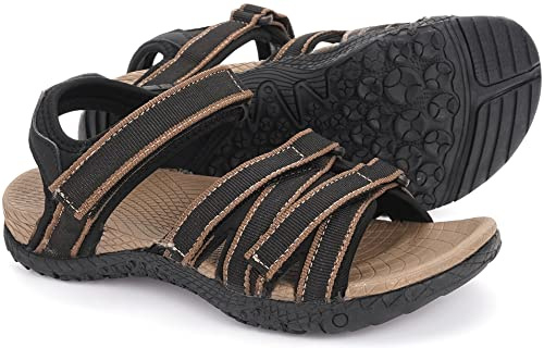 WHITIN Women's Hiking Sandals with Arch Support Female Comfortable Size 8 Sport Sandals Traps Adjustable Hooks Resistant Walk BlackBrown 38