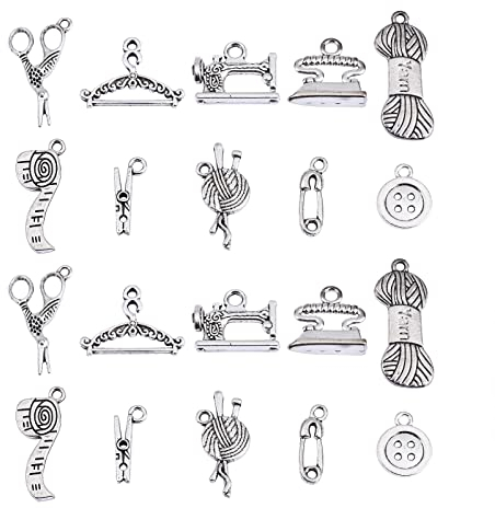 Airssory 100Pcs 10 Style Vintage Life Charms Sewing Machine Wool Coat Hanger Clip Ruler Button Iron Scissors Mini Charm Bulk Lot for Jewellery Making Crafts