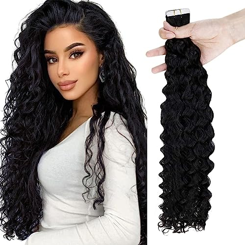 RUNATURE Locken Tape Extensions Echthaar Schwarz 50cm 20 Stück invisible Haarextensions 50g Lockig Menschliches Haar #1BNW