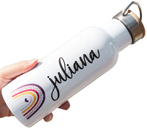 personalisierte Edelstahl Isolierflasche | Bambusdeckel | doppelwandig | Regenbogen-Design | Trinkflasche mit Namen