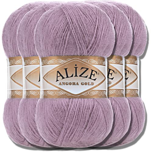 Hobby YARN Alize 5x 100g Angora Gold Türkische Premium Wolle Dünne Mohair aus Schurwolle Babywolle als Strickgarn Handstrickgarn Einfarbig Uni Yarn (Puce | 312)