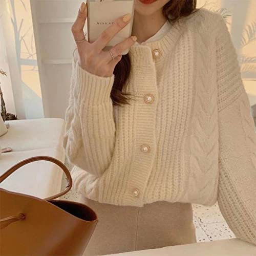 FWSHANGMAO Summer Cardigan,Women'S Chunky Cardigan Sweater Vintage Pearl Button Knitted Coat Tunic Long Sleeve Jacket Elegant Open Front Cardigan Cable Knit Soft Thick Pullover Autumn,White,One Size