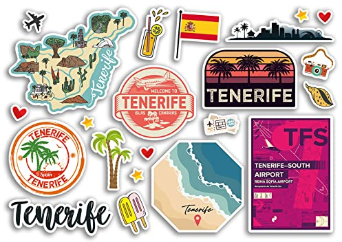 A5 Aufkleberbogen Teneriffa Sehenswürdigkeiten Vinyl Aufkleber - Spanien Flughafen Briefmarken Skyline Flagge Karte Reise Urlaub Scrapbooking Stadt Gepäck #79137