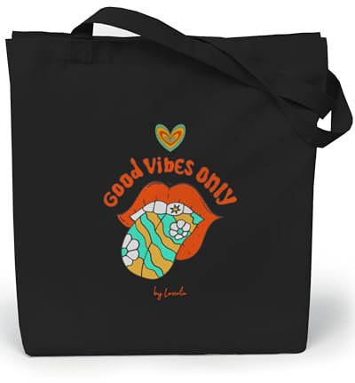 Loxato Jutebeutel Schwarz Bedruckt - Stoffbeutel Schwarz B35 x H42 x T8 cm - 100% Baumwolltasche Schwarz - Einkaufstasche - Stofftasche - Shopper Damen