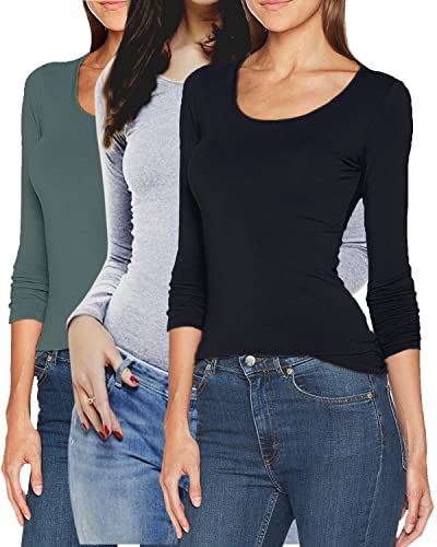 ONLY Damen Langarmshirt Figurbetont und Tailliert aus Baumwolle, Rundhalsausschnitt (3er Love Mix 4 - S) (Black, Grey, Green)