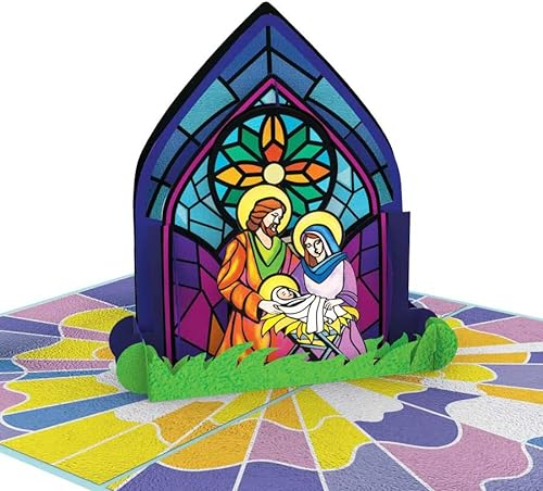 UNIPOP™ Heilige Familie Buntglas Pop Up Karte 5x7 Religiöse Weihnachtskarte Familie Weihnachtskarte Frohe Weihnachten Karte für Mama Vintage Weihnachtskarten für Ehemann Weihnachtskarte Pop Up