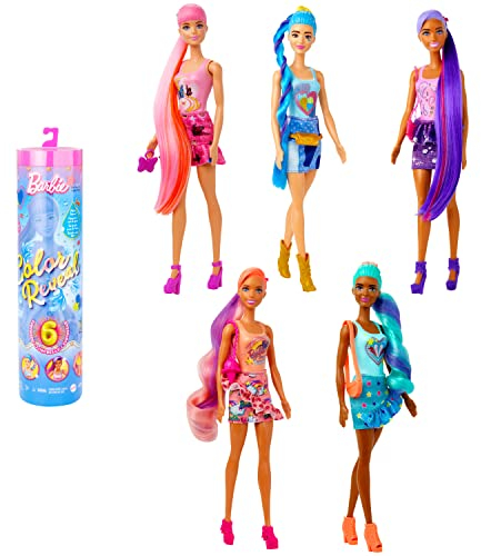 Barbie Color Reveal Totally Denim Puppensortiment - 6 Überraschungen inklusive Puppe, inspiriert von der Mode der 2000er, für Kinder ab 3 Jahren, HJX55