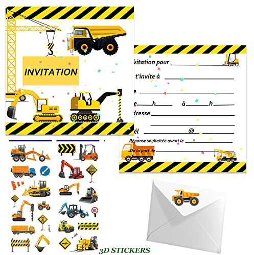 Set de 16 cartes invitation thème véhicules du génie,invitation anniversaire garçon en français+Enveloppes+3d véhicules stickers pour 16 invités Idéal invitation de Partie,fête anniversaire d'enfants