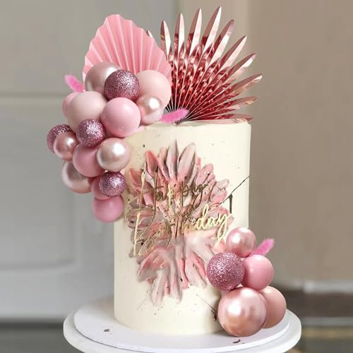 38 PCS Balls Cake Toppers Palm Leaves Cake Decorations for Birthday Wedding Baby Shower Party Supplies (Rose Gold)