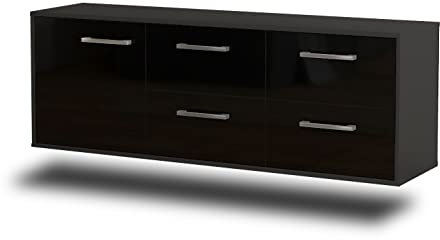 Lqliving TV-Board Lowboard Denver, Wandmontiert, Korpus in anthrazit matt, Front im Hochglanz-Design Schwarz (136x47x35cm), mit Metall Griffen
