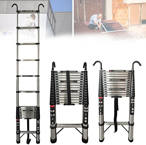 Vicky Home 4.4M Stainless Steel Telescopic Ladder, Folding Extension Ladder with Hooks for Household Outdoor Working, Multi Purpose Extendable Loft Ladder Portable Folding Ladder
