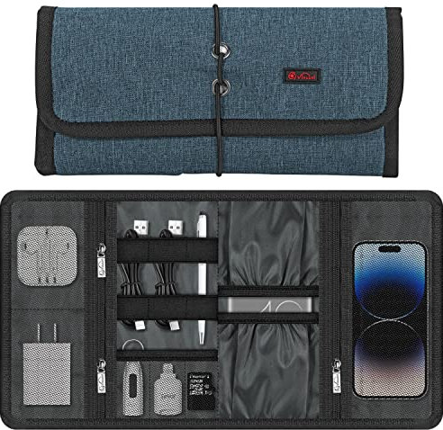 Vinsani Roll Up Accessories Universal Reise Organizer Easy Carry Portable Faltbares Make Up Kabel Ladegerät Kopfhörer USB SD Karte Elektronik Essentials Tragetasche - Marineblau
