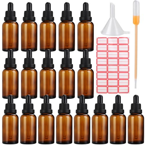 FWEEK 24PCS 30ml Amber Glass Dropper Bottles, Brown Glass Dropper Bottles with Dropper Pipettes for Essential Oils Perfumes Aromatherapy Chemistry Lab Chemicals