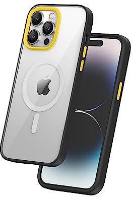 FLOLAB Surtect Tri-Fusion Magnetische iPhone 14 Pro Handyhülle Schutzhülle Schlankes Design Magsafe Kompatibel Militär Grade Schwarzer Rahmen Klar - Cyber Gelb