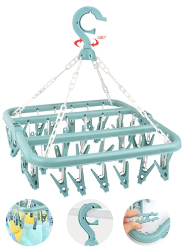 Etendoir Chaussette, Étendoir à Linge à Suspendre avec 32 Pinces,Etendoir Linge Interieur Extérieur Suspendre, Sechoir a Linge Rotatif Pliant, pour Chaussettes, sous-Vêtements et Petits (Bleu)