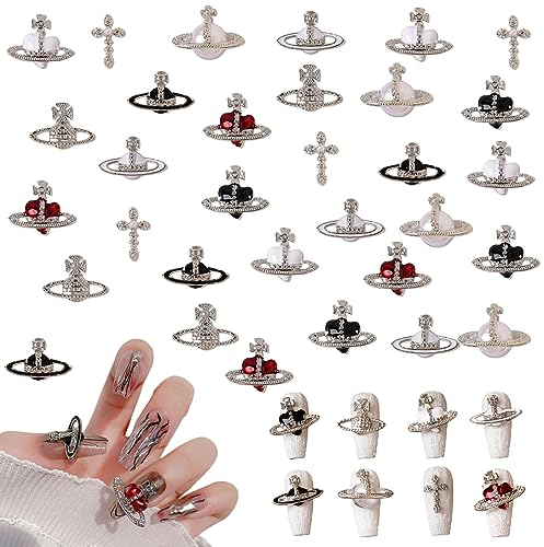 Planet Nail Art Charms, 32 Stück Saturn Form Nagel Edelsteine für Acrylnägel, Glänzender Nagel Strasssteines Mädchen Nail Art DIY Handwerk Dekoration Zubehör