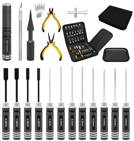 19 in 1 RC Werkzeugsatz, RC Schraubendreher Tools Set Sechskant Sechskantmutter Kreuzschraubendreher Schlitzschraubendreher Zange RC Reparatur Set für 1/8 1/10 Traxxas Axial Arrma DJI Drohnen Schwarz