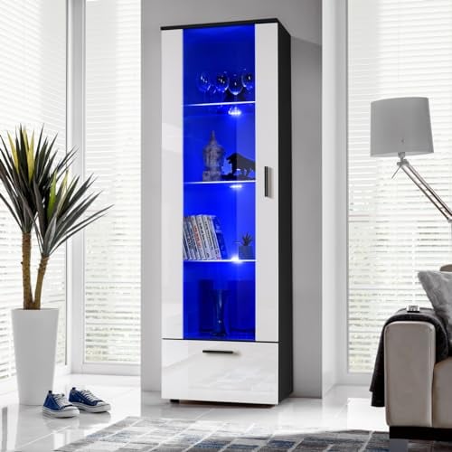 Komodee, Vitrine Schrank Alessandria, Schwarz/Weiß, Breite 60cm x Höhe 192cm x Tiefe 42cm, LED RGB, 3 Glasböden, 1 Regal aus laminierter Platte, für Wohnzimmer, Schlafzimmer