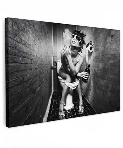 MuchoWow© Leinwand Groß 120x80 cm XXL Deko Schlafzimmer Aesthetic Leinwandbilder Wohnzimmer Gemälde Foto Geschenk Living Room Decoration Frau - Toilette - WC - Schwarz und Weiß - Porträt