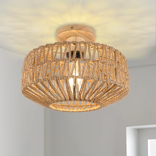 KMaiPem Boho Rattan Deckenlampe Wohnzimmer, 1 Licht Handgewebter Klein Deckenleuchte Schlafzimmer, Natürliche Bauernhaus Holz Deckenleuchten für Küche, Eingangsbereich, Flur