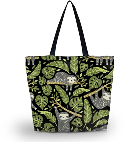 AOKSUNOVA Einkaufstasche Faltbar Groß Stoffbeutel mit Reißverschluss Shopper Tasche Damen Bedruckt Stofftasche Tragetasche Faultier