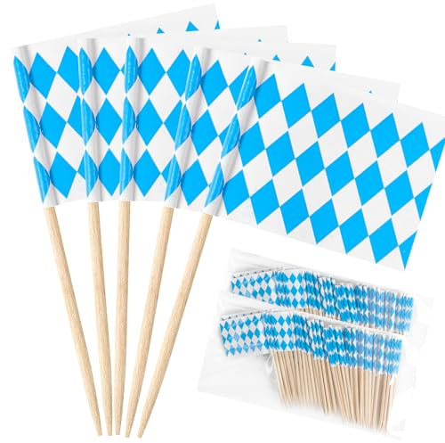 ZALAON 100 Stück Oktoberfest deko, München Oktoberfest Zahnstocher Fahne Bayerische blau-weiße Zahnstocherfahne Party Picks Bierfest Kann für Bier, Kuchen, Obst, Brot Dekoration verwendet werden