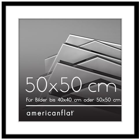 Americanflat 50x50 cm Bilderrahmen aus Kunststoff mit 40x40 cm Passepartout - schmaler Fotorahmen mit poliertem Plexi-Scheibe - integrierte Aufhängung für Wandmontage - Schwarz