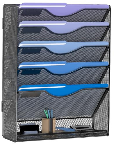 Gawerk 6 Tier Hanging File Organizer, Mesh Wall File Holder Paper Folder Rack with Bottom Flat Tray for Office Home, Black