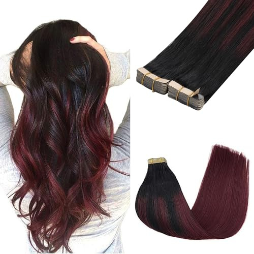 GOO GOO Tape in Hair Extensions human hair, tape Hair Extensions, 20inch 100g 40pcs, Human Hair Extensions, 1B/99J Jet Black to Red