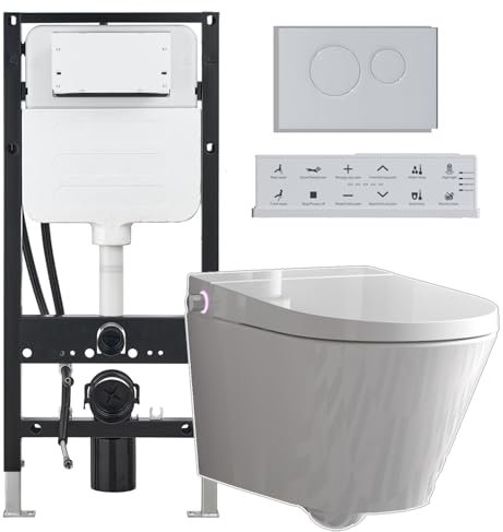 HOROW Intelligenter Hänge Toilette WC mit Bidet Funktion, Japanische Toilette Dusch WC Komplettanlage Bidet mit Warmwasser, Beheizter Sitz, Instellbarem Wasserdruck, Warme Lufttrocknung, Damenpflege