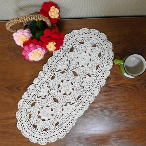 BOMHCS Ovale Spitzendeckchen, 27,9 x 55,9 cm, handgefertigt, gehäkelt, Erntedankfest, Weihnachten, Tischläufer, Blume, Küche, Tischsets (1, Beige)