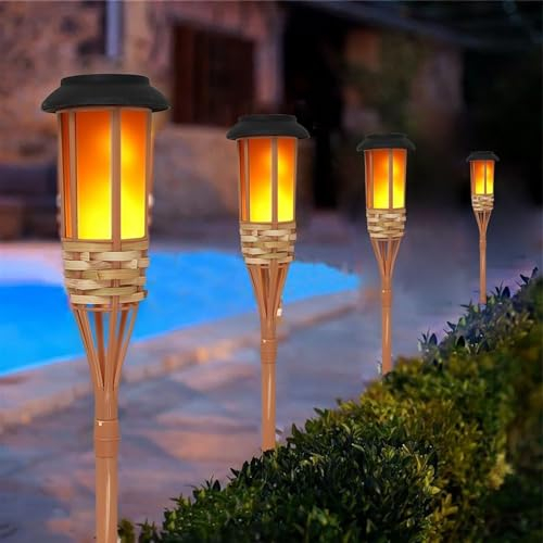 Flackernde Flammen Solarlampen Außen,KINGCOO Wasserdicht 12LED Bambus Solarbetriebene Leuchten Fackel Lichter Landschaft Garten Dekorative Beleuchtung für Hof Weg Zaun Rasen Lampe Spotlight (4PCS)
