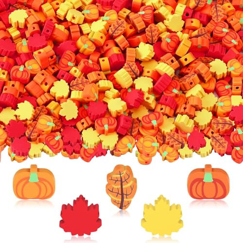 Calkkrer 300 Stück Herbst Polymer Tonperlen, Ahornblatt Deko Basteln, Herbstblätter Anhänger, Holz Herbstanhänger, Streudeko Herbst Winter, Holz Anhänger Souvenir