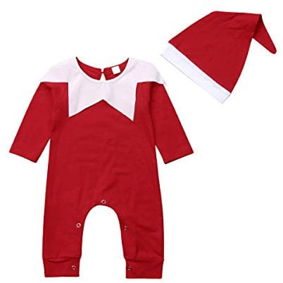 Achlibe Baby Girl Boy Christmas Outfit Newborn Long Sleeve Santa Romper Jumpsuit Bodysuit with Hat Elf Costume (A-Red, 6-12 Months)