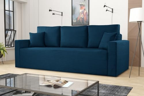 Kaiser Möbel - Sofa mit Schlaffunktion und Bettkasten, Schlafsofa mit Bettzeugbehälter, Bonellfeder, Wohnlandschaft, Klappsofa, Polstersofa, Bequemes Couch für Wohnzimmer und Jugendzimmer, Zoom, Blau