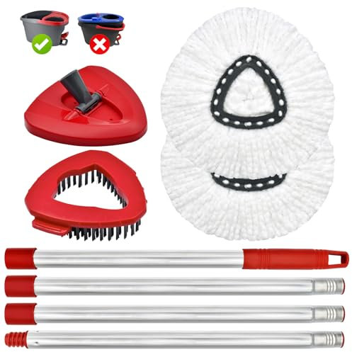 Spin Mop Head, Mop Replacement Handle,Brush,Base Compatible with O ceder 1 Tank,2 Microfiber Mop Refills,1 Triangle Base,1 Brush and 30-58 Mop Handle Combo Set to Floor Cleaning(White,1 Tank)