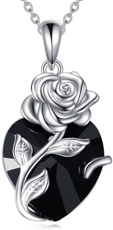 VONALA Sterling Silver Heart Urn Necklace for Ashes Womens Black Rose Cremation Crystal Jewelry for Women (Black Crystal Rose)