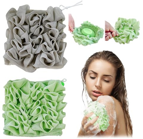 2PCS 2 in 1 Washcloth Loofah, Natural Loofah Washcloths, Bar Soap Pocket Towel Weave Bath Ball with Drawstring Face and Body Cleansing for Smooth Skin Dual Sided Shower Washing