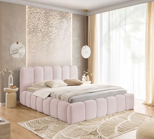 FURNISTAR Lit capitonné MIA avec tiroir de lit, lit 140x200, lit Bubble, lit double avec rangement et sommier à lattes, aspect boxspring, sans matelas, chambre - Rose poudré