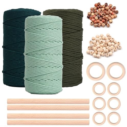 Makramee Garn, 3mmx100m 3er Makramee Garn Set, Baumwoll Bastelschnur, mit 120 Holzperlen 8 Holzringe 4 Rundstab, Blätter Wandbehang Set, Makramee Wandbehang Traumfänger, für DIY Handwerk