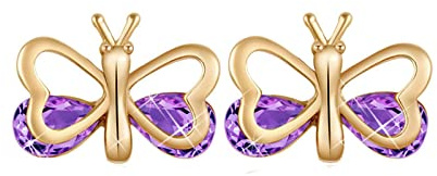 Homxi Orecchini Donna Oro 18 Kt, Farfalla e Goccia D'Acqua con Ametista, Donna Orecchini Sposa Matrimonio a Bottone Oro Viola