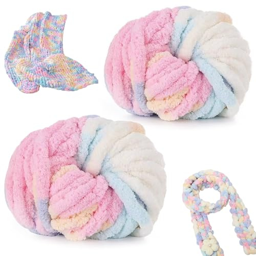 2 Stück Dicke Wolle Garn 500 g ca.54 m, Milchig Weiß Chunky für Armstricken, Chunky Yarn, Grobstrick Weiches Wollgarn für Decken, XXL Riesen Wolle zum Weben von Schals Mützen Haustier Nest (Bunt)