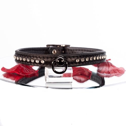 SiaLinda Halsband echtes Elch Leder mit kl. O-Ring, zweifarbig, 14 mm breit, 40 cm lang mit Strasssteine