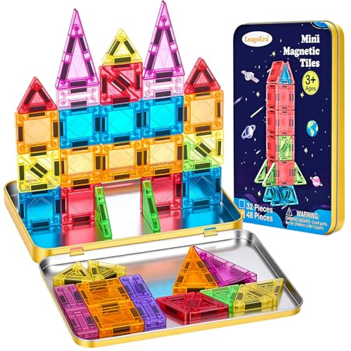 LeagoEra Mini Blocs Magnétiques Set de Voyage 48 Pièces Tuiles Magnétiques avec boîte Métallique Construction Magnetique Enfant Jouet Magnétique pour Enfants 3 4 5 6 7 8 Ans Jeux Cadeau
