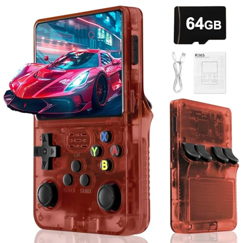 Rbic Consola de Videojuegos Retro R36S-3000 mAhBatería,Pantalla HD de 3,5 Pulgadas,Tarjeta TFde 64GB,Sistema operativo Linux de código Abierto, más de 20000 Videojuegos clásicos-Rojo