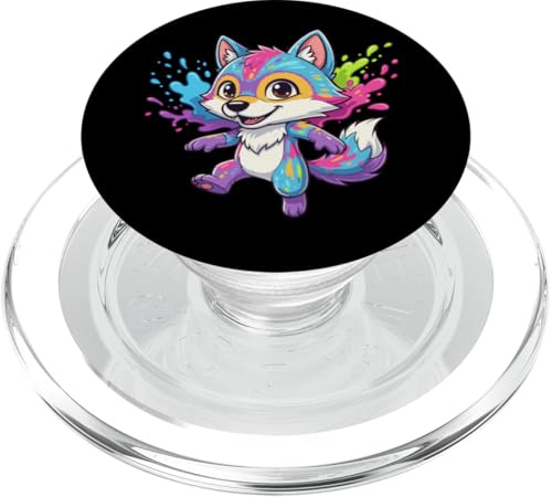 Farbenfroher Kawaii-Fuchs mit Regenbogen-Farbspritzer PopSockets PopGrip für MagSafe