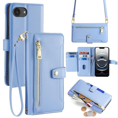 betterfon Handyhülle mit Portemonnaie kompatibel mit iPhone 17E und iPhone 16E - Tasche mit Reißverschluss, 5 Kartenfächer und 2 abnehmbare Ketten, Hellblau