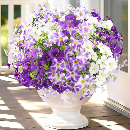 LEIMEND 9 Mazzi di Fiori Finti da Esterno Fiori Artificiali Viola Bianco | Protezione UV Petunie Artificiali Per Interni ed Esterni Aiuole di Casa Decorazione Dell'ingresso Del Giardino